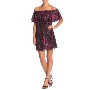 WAYF Women' Metallic Floral Lace Off The Shoulder Mini Dress Size XS